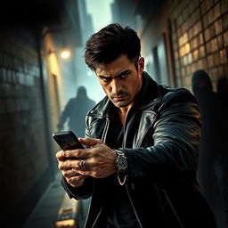A scene inspired by an action thriller movie poster featuring an intense urban backdrop, showcasing a ruggedly handsome man in a stylish black leather jacket with a determined expression, gripping a phone tightly