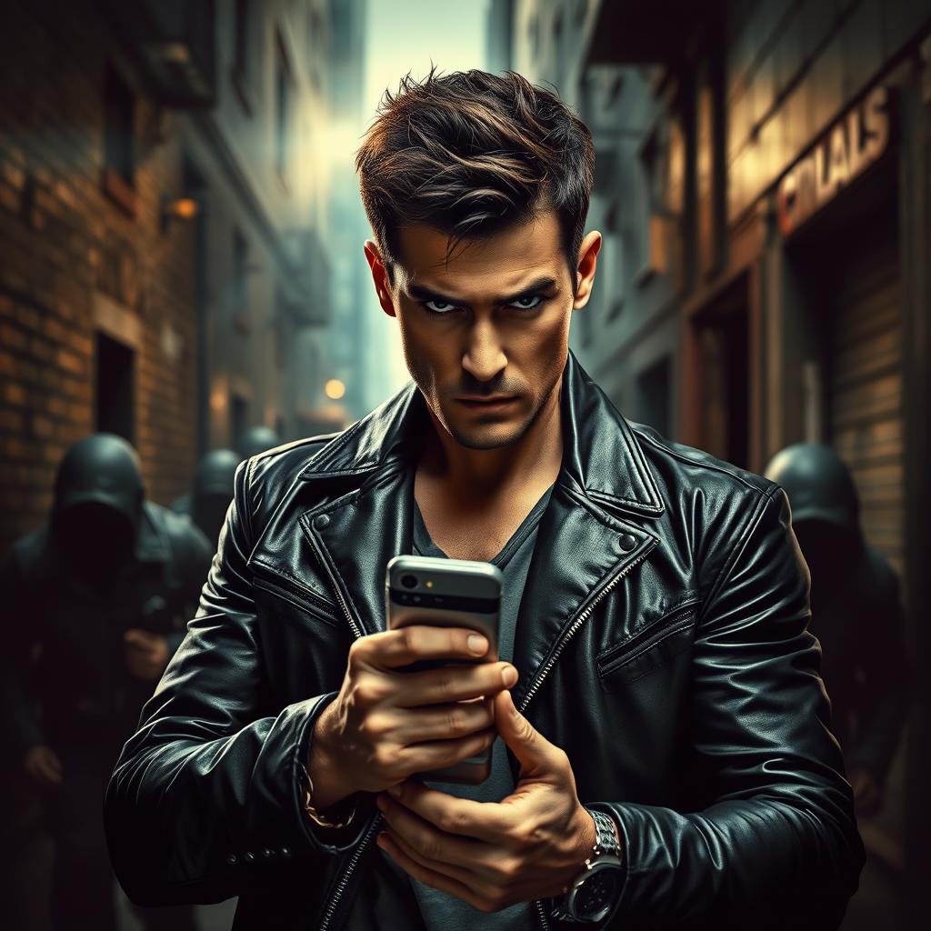 A scene inspired by an action thriller movie poster featuring an intense urban backdrop, showcasing a ruggedly handsome man in a stylish black leather jacket with a determined expression, gripping a phone tightly