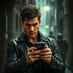 A scene inspired by an action thriller movie poster featuring an intense urban backdrop, showcasing a ruggedly handsome man in a stylish black leather jacket with a determined expression, gripping a phone tightly