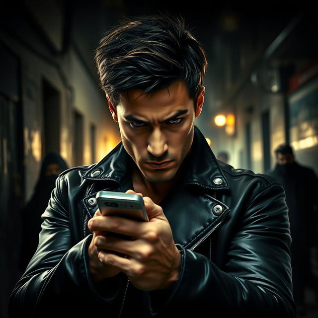 A scene inspired by an action thriller movie poster featuring an intense urban backdrop, showcasing a ruggedly handsome man in a stylish black leather jacket with a determined expression, gripping a phone tightly