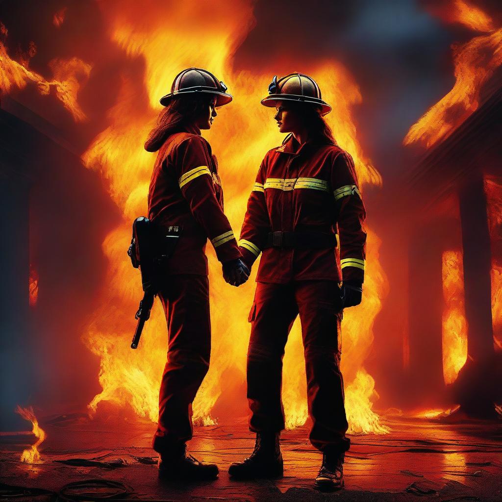 A high-quality digital art image illustrating a powerful scene of a Caucasian female firefighter and a male, who is not an artist, holding hands amidst a world in flames