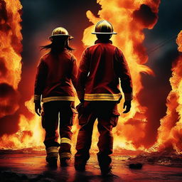 A high-quality digital art image illustrating a powerful scene of a Caucasian female firefighter and a male, who is not an artist, holding hands amidst a world in flames