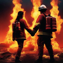 A high-quality digital art image illustrating a powerful scene of a Caucasian female firefighter and a male, who is not an artist, holding hands amidst a world in flames