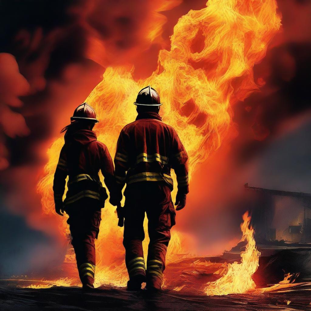 A high-quality digital art image illustrating a powerful scene of a Caucasian female firefighter and a male, who is not an artist, holding hands amidst a world in flames