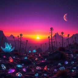 A breathtaking landscape featuring a new horizon on a distant planet, where the sky transitions from deep purple to vibrant orange as the sun sets