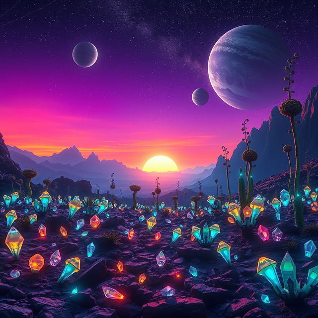 A breathtaking landscape featuring a new horizon on a distant planet, where the sky transitions from deep purple to vibrant orange as the sun sets