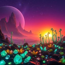 A breathtaking landscape featuring a new horizon on a distant planet, where the sky transitions from deep purple to vibrant orange as the sun sets