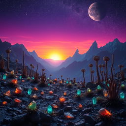 A breathtaking landscape featuring a new horizon on a distant planet, where the sky transitions from deep purple to vibrant orange as the sun sets
