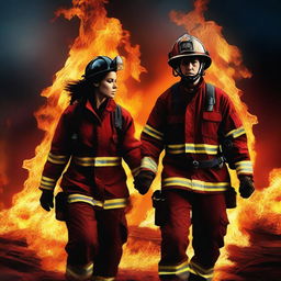 A high-quality digital art image depicting a compelling scene of a Caucasian female firefighter and a male, who is not a firefighter, holding hands while the world burns around them