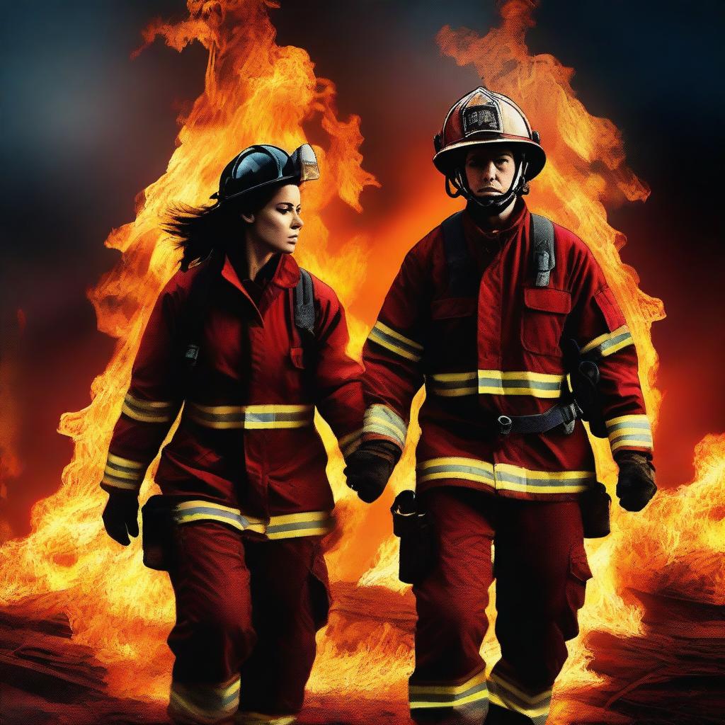 A high-quality digital art image depicting a compelling scene of a Caucasian female firefighter and a male, who is not a firefighter, holding hands while the world burns around them