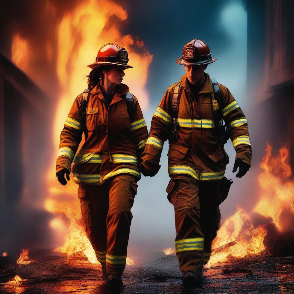 A high-quality digital art image depicting a compelling scene of a Caucasian female firefighter and a male, who is not a firefighter, holding hands while the world burns around them