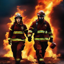 A high-quality digital art image depicting a compelling scene of a Caucasian female firefighter and a male, who is not a firefighter, holding hands while the world burns around them