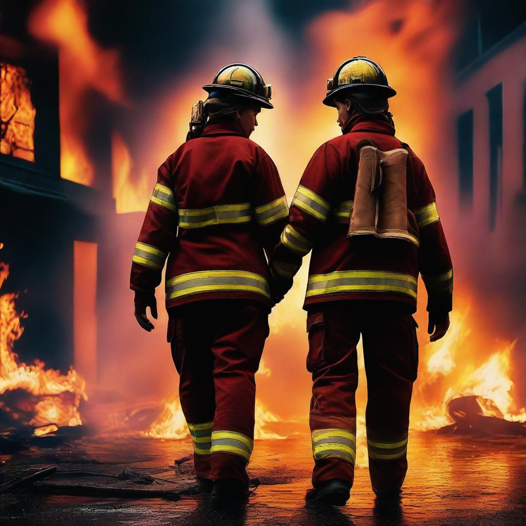 A high-quality digital art image depicting a compelling scene of a Caucasian female firefighter and a male, who is not a firefighter, holding hands while the world burns around them
