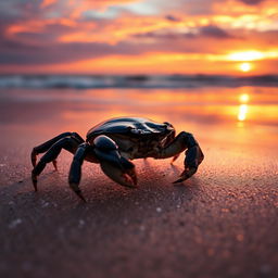 A dynamic and dramatic portrayal of a black crab on a sandy beach at sunset, showcasing its glossy black shell reflecting the golden hues of the setting sun