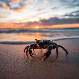A dynamic and dramatic portrayal of a black crab on a sandy beach at sunset, showcasing its glossy black shell reflecting the golden hues of the setting sun