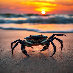 A dynamic and dramatic portrayal of a black crab on a sandy beach at sunset, showcasing its glossy black shell reflecting the golden hues of the setting sun
