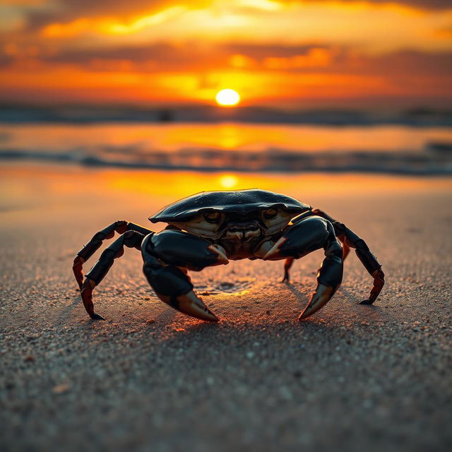 A dynamic and dramatic portrayal of a black crab on a sandy beach at sunset, showcasing its glossy black shell reflecting the golden hues of the setting sun