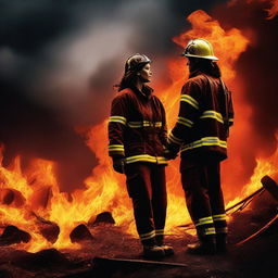 A high-quality digital art image portraying a dramatic scene where a Caucasian female firefighter stands amidst fire, and a man is seen attempting to save her