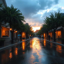 A serene and picturesque rainy evening scene, where gentle rain falls on a charming street lined with trees
