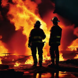 A high-quality digital art image portraying a dramatic scene where a Caucasian female firefighter stands amidst fire, and a man is seen attempting to save her