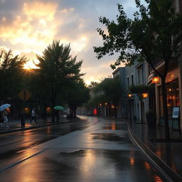 A serene and picturesque rainy evening scene, where gentle rain falls on a charming street lined with trees
