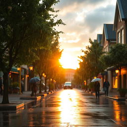 A serene and picturesque rainy evening scene, where gentle rain falls on a charming street lined with trees
