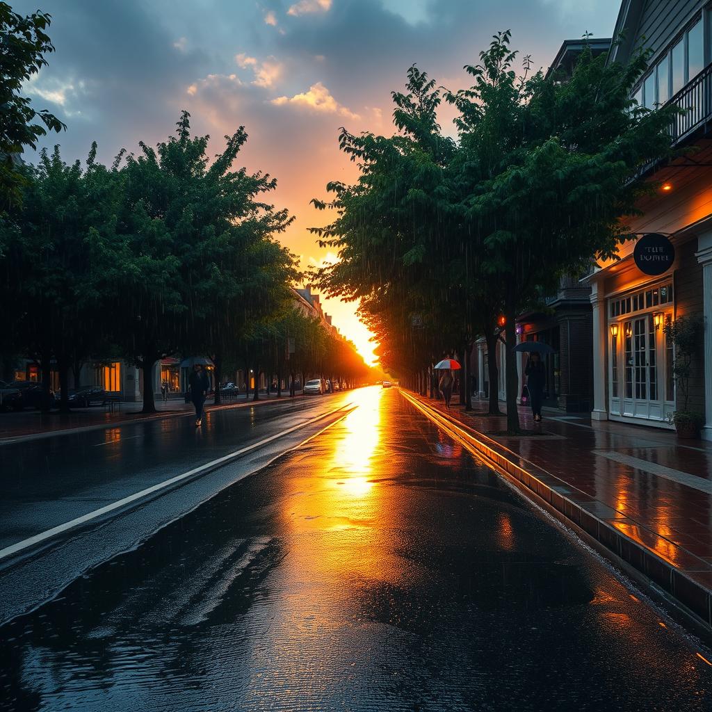 A serene and picturesque rainy evening scene, where gentle rain falls on a charming street lined with trees