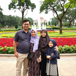 A family portrait consisting of a father aged 40 wearing glasses, a mother aged 39, their eldest daughter aged 22, and their youngest daughter aged 12, all dressed in stylish attire