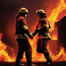 A high-quality digital art image portraying a dramatic scene where a Caucasian female firefighter stands amidst fire, and a man is seen attempting to save her