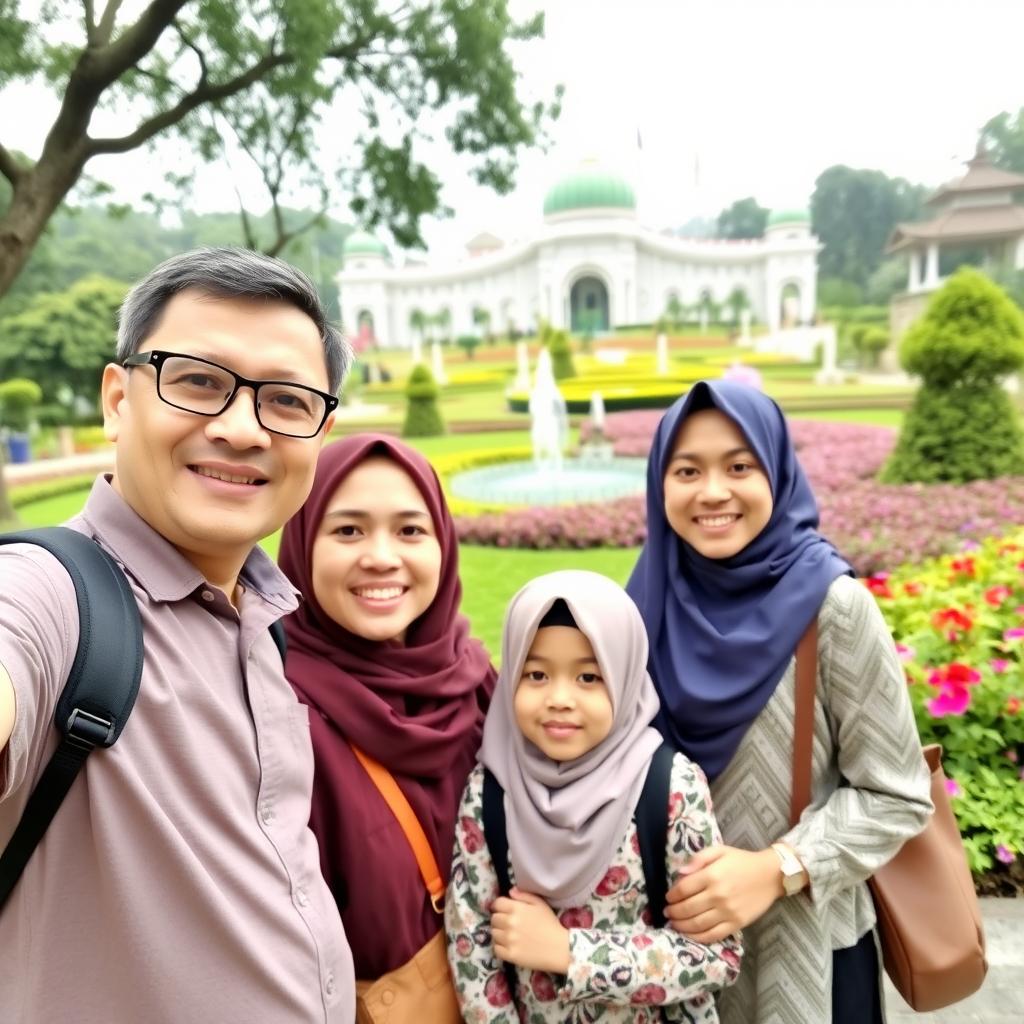 A family portrait consisting of a father aged 40 wearing glasses, a mother aged 39, their eldest daughter aged 22, and their youngest daughter aged 12, all dressed in stylish attire