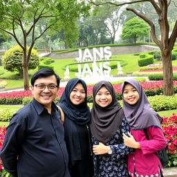 A family portrait consisting of a father aged 40 wearing glasses, a mother aged 39, their eldest daughter aged 22, and their youngest daughter aged 12, all dressed in stylish attire