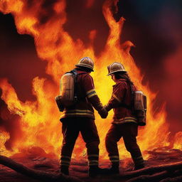 A high-quality digital art image portraying a dramatic scene where a Caucasian female firefighter stands amidst fire, and a man is seen attempting to save her