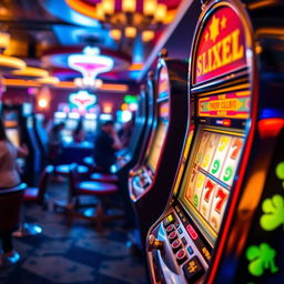 A vibrant, colorful slot machine in a lively casino setting