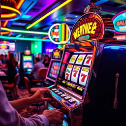 A vibrant, colorful slot machine in a lively casino setting