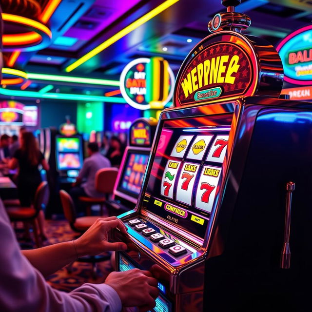 A vibrant, colorful slot machine in a lively casino setting