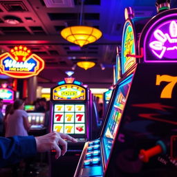 A vibrant, colorful slot machine in a lively casino setting