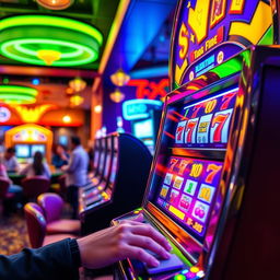 A vibrant, colorful slot machine in a lively casino setting