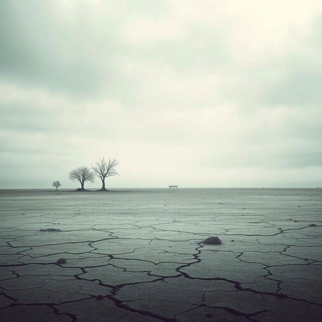 An abstract representation of emptiness and stillness, featuring a vast, desolate landscape under a muted, cloudy sky