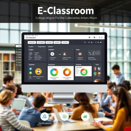 A digital interface display of the E-Classroom platform showcasing its features for college academic management
