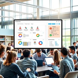 A digital interface display of the E-Classroom platform showcasing its features for college academic management
