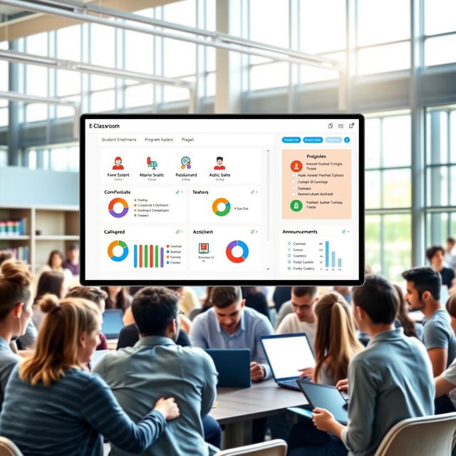 A digital interface display of the E-Classroom platform showcasing its features for college academic management
