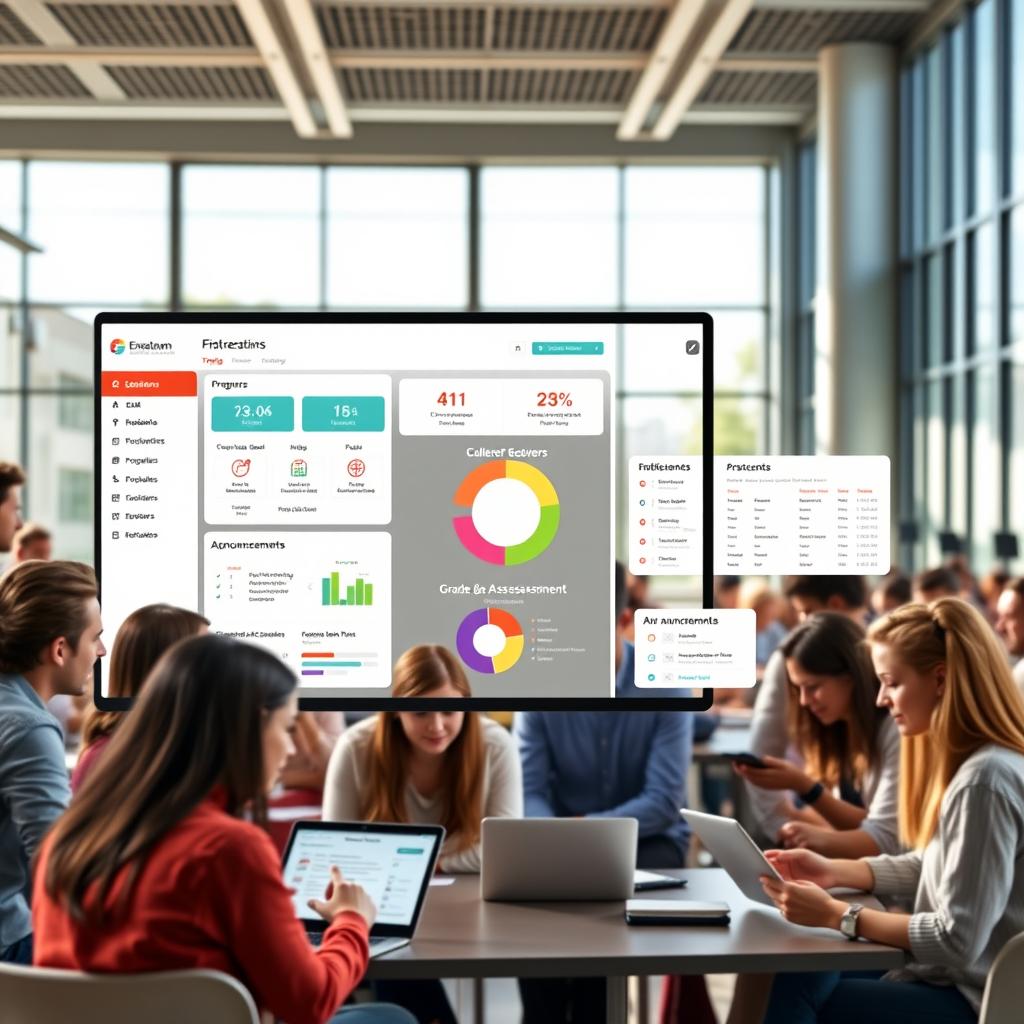 A digital interface display of the E-Classroom platform showcasing its features for college academic management