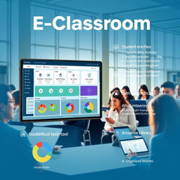 A digital interface display of the E-Classroom platform showcasing its features for college academic management