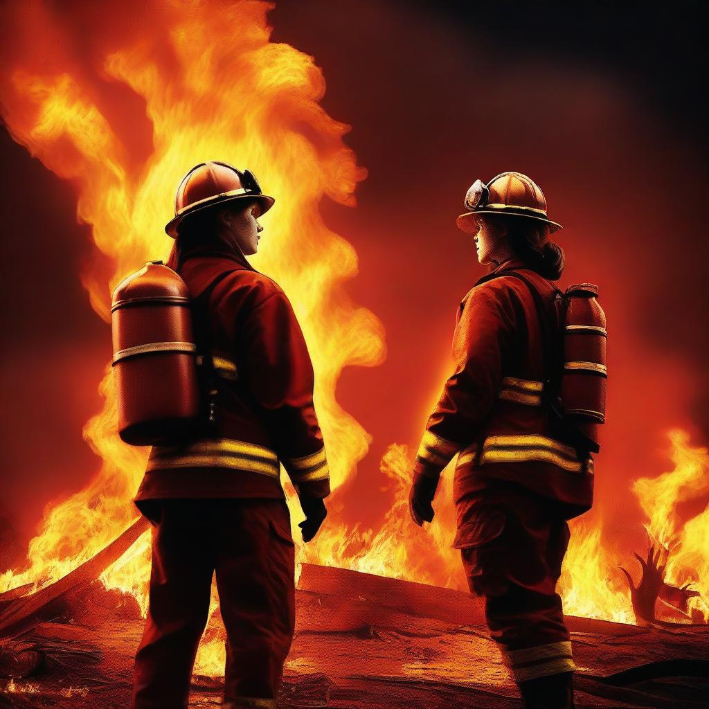 A high-quality digital art image illustrating a dramatic scene where a Caucasian female firefighter stands amidst fire, and a civilian is seen attempting to save her