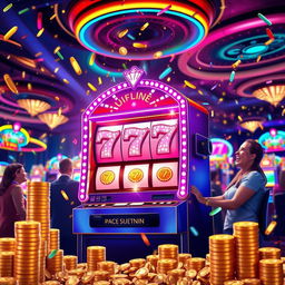 An exciting scene depicting a vibrant and glittering slot machine with the numbers 777 glowing, surrounded by stacks of colorful coins and the sound of coins falling
