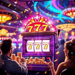 An exciting scene depicting a vibrant and glittering slot machine with the numbers 777 glowing, surrounded by stacks of colorful coins and the sound of coins falling