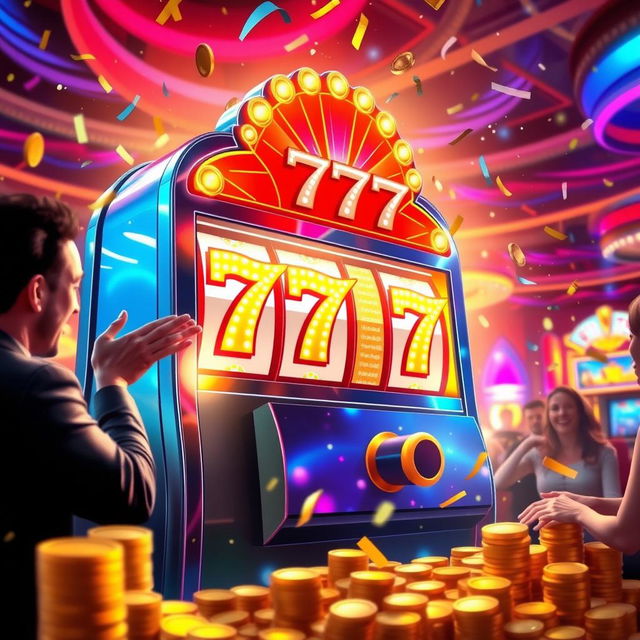 An exciting scene depicting a vibrant and glittering slot machine with the numbers 777 glowing, surrounded by stacks of colorful coins and the sound of coins falling