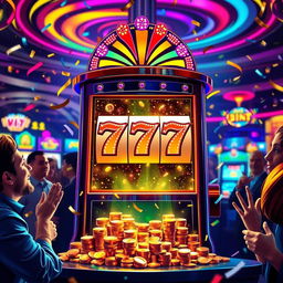 An exciting scene depicting a vibrant and glittering slot machine with the numbers 777 glowing, surrounded by stacks of colorful coins and the sound of coins falling