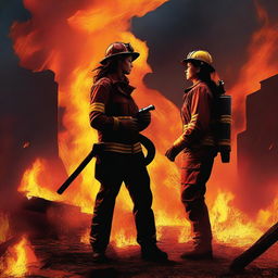 A high-quality digital art image illustrating a dramatic scene where a Caucasian female firefighter stands amidst fire, and a civilian is seen attempting to save her