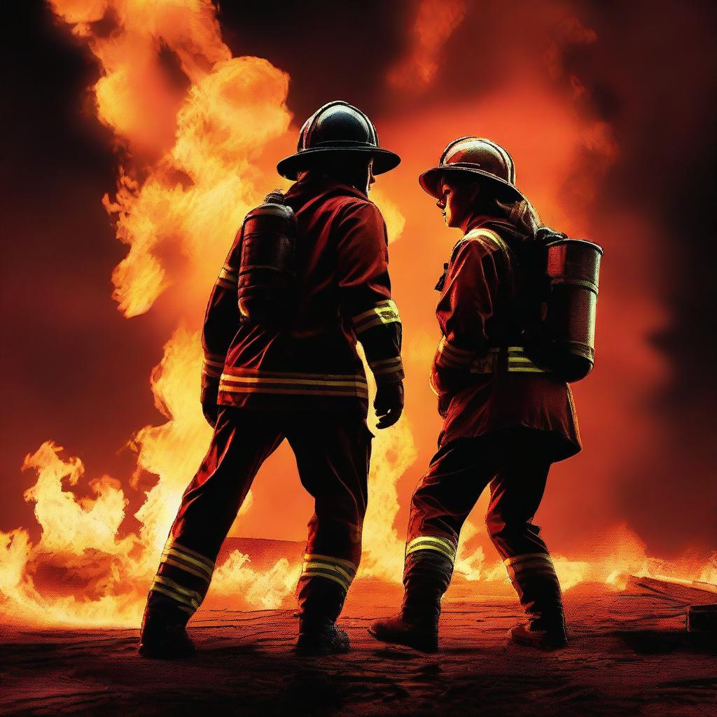 A high-quality digital art image illustrating a dramatic scene where a Caucasian female firefighter stands amidst fire, and a civilian is seen attempting to save her